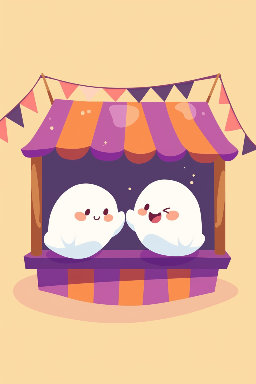 cute halloween drawings for kids, two friendly ghosts enjoying a fun moment in a colorful funhouse adorned with Halloween decorations